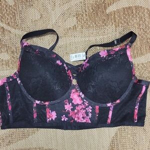 Torid Floral Lace Black and Pink Bra Size 44C - NEW